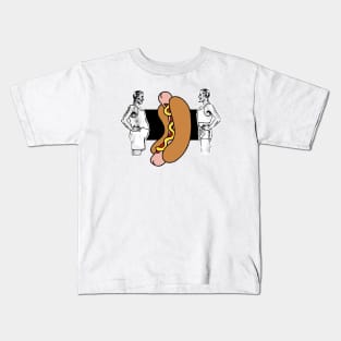 Fat man and the hot dog and also the slim athlete man squeezing his belly Kids T-Shirt